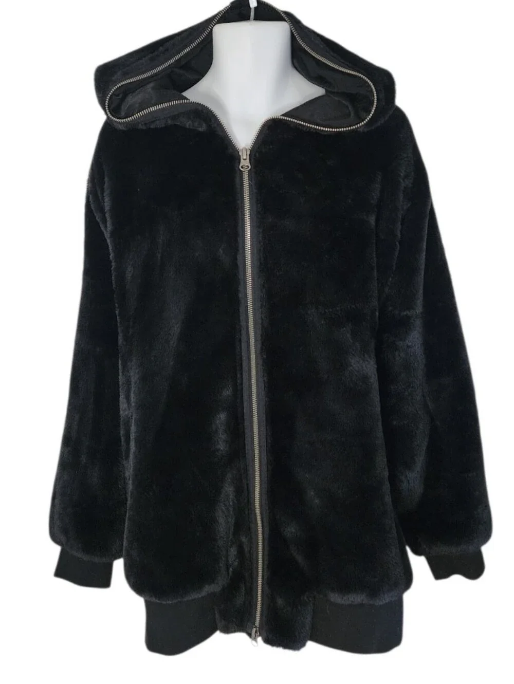 Free People Oversized Black Faux Fur Hooded Zip Jacket XL - Picture 3 of 10